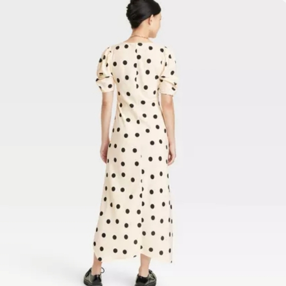 Women's Crepe Short Sleeve Midi Dress A New Day Beige Polka Dot - Picture 2 of 10